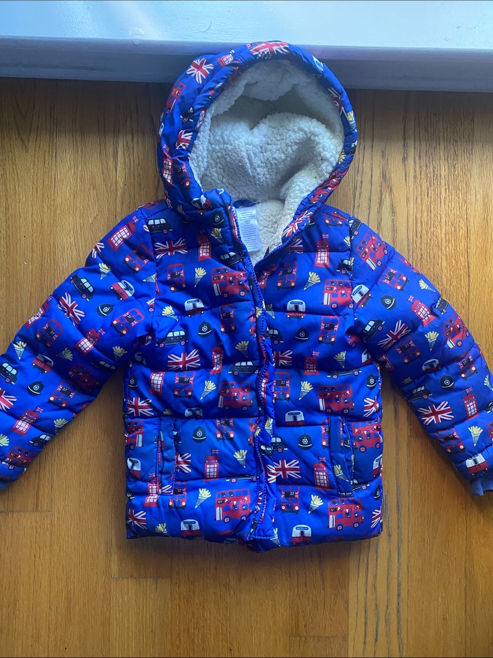 Gymboree Kids Blue Hooded Puffer Jacket with British UK Print